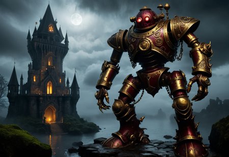 giant bipedal robot brass and dark red, bronze paisley robot. lacy robot metal. GOLD diving helmet head. outside of a steampunk keep. large detailed torso. dark image. one forty foot tall ancient robot with great arms and two heavy spring legs. dark foggy night background. $dark foggy night image only. dark photo realistic image. steampunk details. cogs, chains and pipes incorporated in the fantasy buildings. magic wizards tower in background. Dark swamp, moss, castle ruins, wizards tower. stormy dark night.  stormy sky.