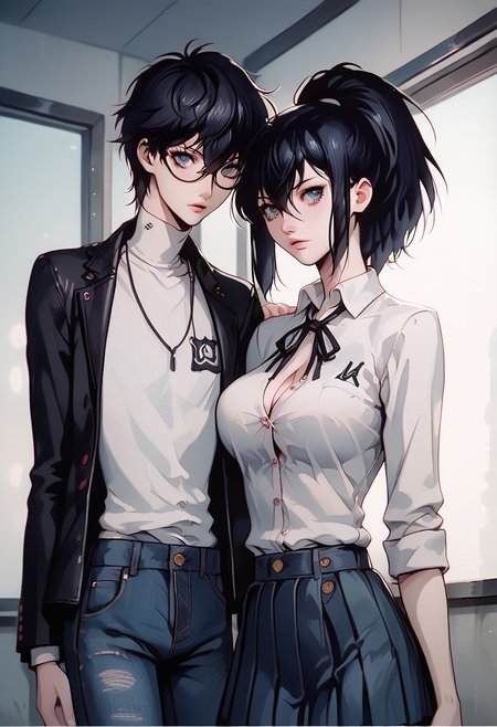 (score_9, score_8_up, score_7_up),  melkor_style,
score_9, score_8_up, score_7_up, score_6_up, score_5_up, score_4_up, source_anime, high detailed, high quality, masterpiece, source_anime, high detailed, high quality, masterpiece, 1 girl, 1 boy, couple, romantic couple, straight, hetero, heterosexual, (1 boy, black eyes, black hair, hair between eyes, short hair, school uniform, frame glasses, button down shirt, tie, jacket, houdie, open jacket, blue eyes, jeans), (1 girl, momo yaoyoruzu, long hair, bob, ponytail, grey eyes pink lips, big breasts, school uniform, button down shirt, cleavage, pleated skirt, pantyhose), looking at viewer, low angle, background room, cowboy shot, anime screencap, watercolor \(medium\), traditional media, neon.