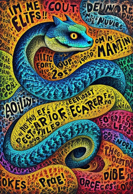 A cute, lively, rebellious, left-wing, literary snake filled with text, DB4RZ style painting