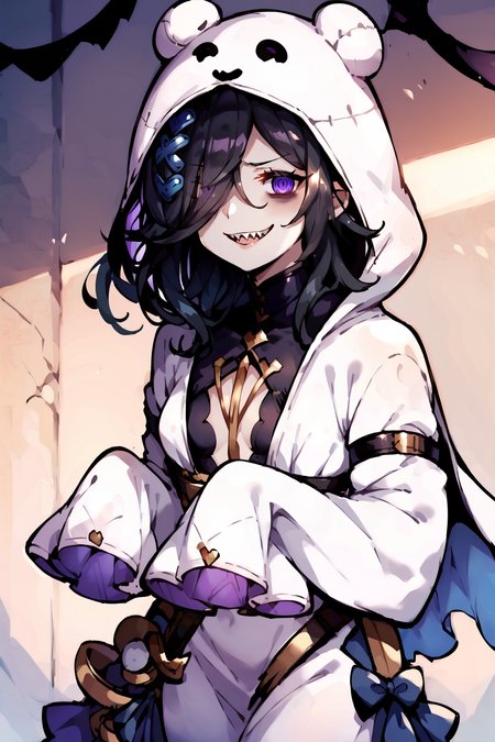 score_9, score_8_up, score_7_up, score_6_up, score_5_up, source anime, solo, 1girl, lich \(granblue_fantasy\), (hlich), hood up, small breasts, white robe, hair over one eye, purple eye, cowboy shot, sharp teeth, smile,  looking at viewer, realistic background, lounge, indoors, thin arms, narrow shoulders, petite, long hair, black hair , long hair, hair ornament, <lora:Halloween_Lich_Granblue_Fantasy15:0.8> 1girl,  <lora:VividPonyXL:0.8> <lora:hand 4:0.6> , Hand, hands, perfect hands,