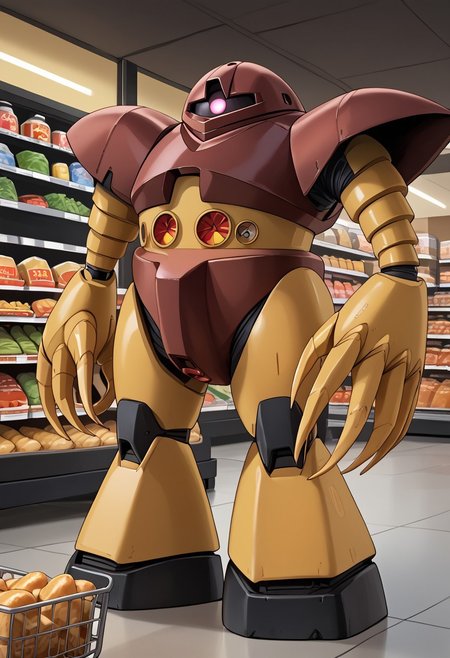 score_9, score_8_up, score_7_up, source_anime, front view, BREAK,  ( gogg, pink monoeye, from side, looking at viewer, long claws) 1mech, shoulders, shoulder armor, mech focus, solo, BREAK, two arms, in grocery store, grabbing food, pushing shopping cart, dairy section, holding cheese,