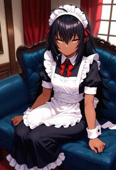 masterpiece, best quality, amazing quality, 1girl, solo, hatiww, dark skin, dark-skinned female, yellow eyes, black hair, long hair, hair between eyes, ahoge, small breasts, maid clothes, maid, black dress, frilled dress, (long dress:1.2), frills, white puffy short sleeves, wrist cuffs, maid headdress, maid aprons, <lora:Hati_Mori_o_Mamoru_Ookami_Shoujo_ga_ill_v12:0.9>, sitting, legs together, narrowed eyes, expressionless, looking at viewer, skindentation, detailed clothing folds, depth of field, sharp, high contrast, dynamic light