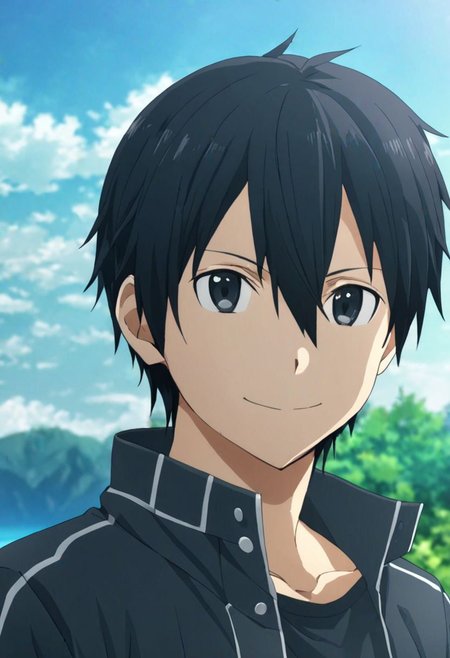high resolution, solo, best quality, 1Boy, Kazuto Kirigaya, Black Hair, Black Eyes, Looking at viewer, happiness, depth of field, half body, outdoor, OverallDetail