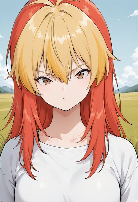 zakennjya_neeyo, brown eyes, (two-tone hair, multicolored hair, blonde hair, yellow hair:1.2), red hair, long hair, white shirt, short sleeves, <lora:zakennjya_neeyo_illustrious_ver2:1> 
serious,, masterpiece, best quality, sensitive,, 1girl, solo, blue sky, (grasslands:1.2), looking at viewer,, (upper body:1.2), (close-up:1.2), (facing viewer:1.2), (open eyes:1.4), (portrait:1.2)