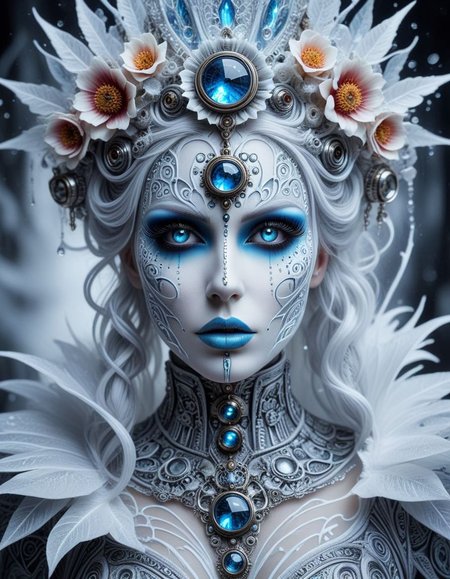 A stunning and detailed portrait of a steampunk ice lady, expertly crafted by Kirsty Mitchell. The subject is adorned with elaborate and intricate patterned makeup, resembling a beautiful faery sorceress. Her icy visage has a frost witch-like quality, with creative colorful makeup that accentuates her cyberpunk aesthetic. The overall composition is both enchanting and mystical, showcasing a captivating blend of ancient and futuristic elements.(art monochrome,digital art oil painting,ink,charcoal,double exposure)glass  painting<lora:luxart:1>