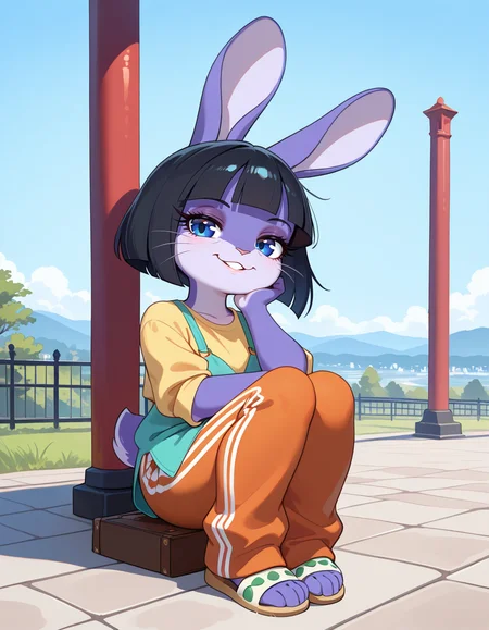 masterpiece, best quality, very aesthetic, absurdres,
outdoors, casual, 
full body, posing, 
seductive smile, parted lips, long eyelashes,
 <lora:Marlenne_v02_NAIXL:1>
m4rl3nn3,1girl,solo,furry,furry female,rabbit girl,black hair,short hair,blunt bangs,rabbit ears,blue eyes,animal nose,whiskers,body fur,purple fur,rabbit tail,