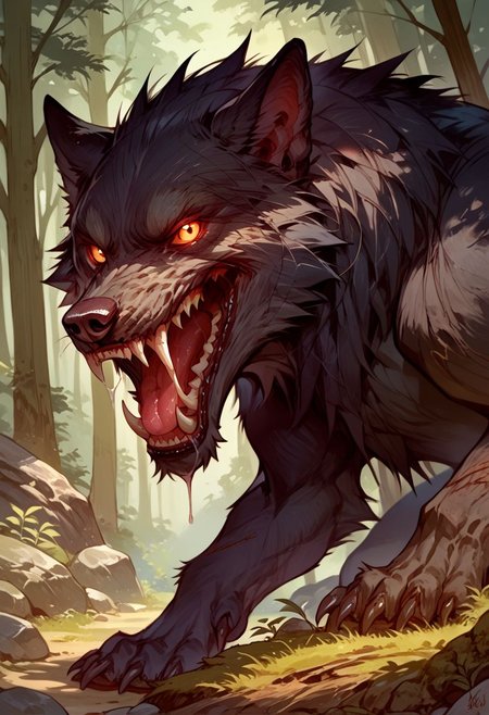 score_9, score_8_up, score_7_up, source_anime, solo, looking at the viewer, ( Giant wolf, black fur,  fangs, drool, tail), scary, simple background, (detailed image, high resolution, 5k resolution:1.0),  (forest, rocks, plants)