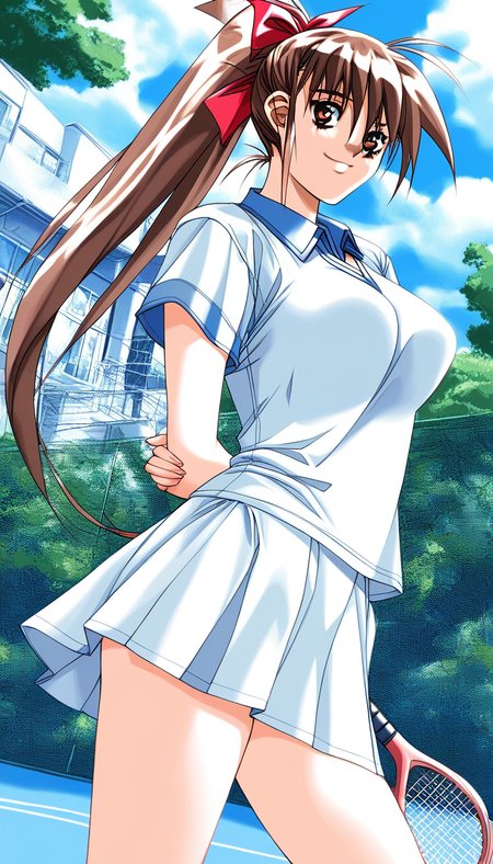 score_9, score_8_up, score_7_up, source_anime, rating_explicit, BREAK  <lora:Tanaka_Misa_DK2_XL:1> TanakaMisa_DK2, solo, long hair, ponytail, brown hair, brown eyes, hair ribbon, medium breasts,
1girl, racket, tennis racket, solo, white tennis uniform, outdoors, sportswear, 1990s (style), arms behind back,  ribbon, building, white skirt, mini skirt,
smile, 
outdoor, day,
looking at viewer, 
cowboy_Shot,