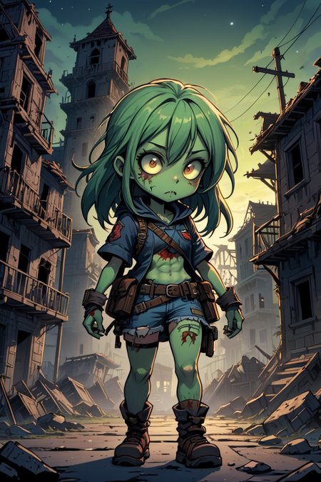 zombie girl in post apocalyptic settings, 
in front of ruined hosptial, 
night time
celestial,  cute,  adorable,  whimsical, 
2D comic illustration, 
anime fantasy, 
fine-inked Thick-outlines, 
cel-shaded, 
contour, 
mysterious, 
Dark, 
by disney,  pixar, 
Town of Salem 2, 
darkest dungeon, chibi, Emote Chibi, chibi style