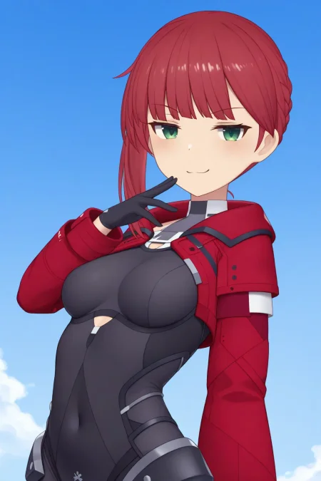 <lora:yayoisteller_ilxl:0.9>masterpiece, best quality, yayoisteller_ilxl,  1girl, solo,  red hair, green eyes, smug, looking at viewer, cowboy shot, upper body, black bodysuit, blue sky, red jacket,