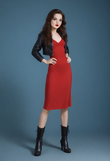 Expressiveh, red lipstick, long pony tail,  (brunette 1.2), super long hair, Open white sports jacket,
Long red dress,
very high platforms boots, 9 inch heels,
small breasts, cute, adorable, innocent, petite, thin, Katie, highly detailed, perfect skin, freckles, playful look, standing facing camera, full body image,