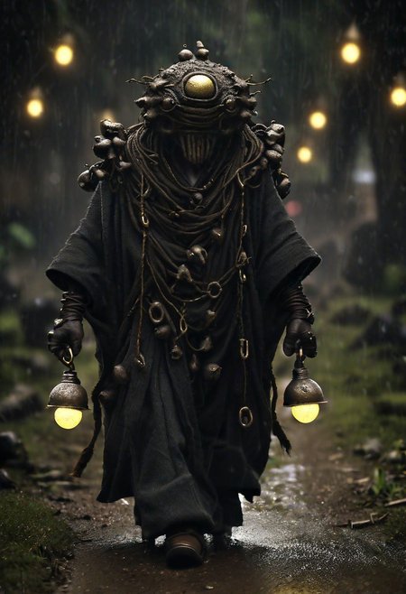 (((RAW Photo))) close up photo of group of people walking down a dirt road, small creatures dressed in a black apron with a (((cubic stone head and two small yellow lights in place of eyes))) (((masterpiece)))