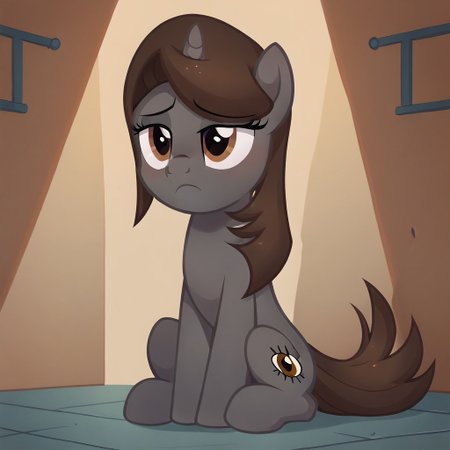 masterpiece, perfect detail, best high quality, source_pony, show accurate, cute, 1girl, solo, female, oc:sonata, pony, no light, prison, imprisoned, behind bars, sitting, frown, dejected frown, sad, lidded eyes, beautiful, looking down at floor, score_9, score_8_up, score_7_up, score_6_up, score_5_up, score_4_up