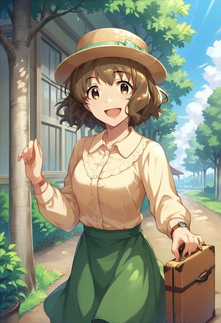 score_9, score_8_up, score_7_up, source_anime,namiki meiko, brown hair, brown eyes, short hair, 1girl, hat, tree, smile, outdoors, solo, suitcase, open mouth, watch, skirt