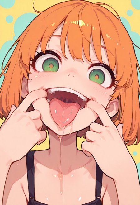 masterpiece,best quality, newest, Smooth, very awa, very aesthetic, flat colors, 1girl, solo, cute, kawaii, orange hair, bob cut, green eyes, fair skin, shiny skin, messy hair, looking at viewer, oral invitation, open mouth, sticking tongue out, drool, saliva, excessive saliva, close up, tilt head, smile, thick tongue, crazy eyes, self forced smile, fingers in mouth, rear view, mouth focus, mouth pull,
Colorful themes, High Saturation, haiz_ai,
<lora:ponyv6_noobE11_2_adamW-000017:0.7> <lora:MeMaXL4:0.8> <lora:veluflora-wai:0.35> <lora:haiz_ai_illu:0.7>