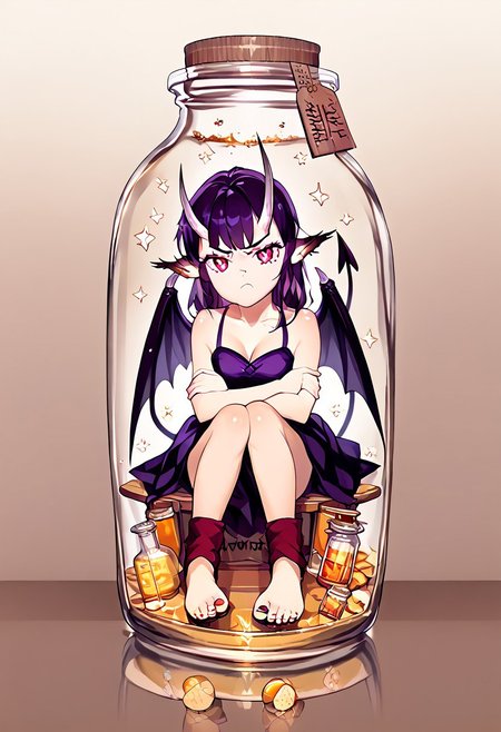 ((Henreader)), SFW, rating_all, score_10, score_8_up, score_7_up, beautiful, realistic, detailed, perfect, quality, vector, flat colors, masterpiece, solo, 1female, Friday, spade tail, demon wings, horns, ear-fluff-tips, sharp toenails, footwear, Friday's dress, looking at viewer, glaring, angry, closed mouth, perfect hands, perfect fingers, crossed arms, perfect feet, perfect toes, tapping foot, concept_pij, inside container, bottle, jar, inside glass, eyesHD, high gradient eyes, detailed eyes, high definition eyes