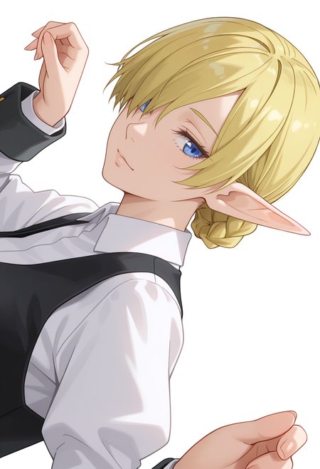 Smooth Quality,masterpiece,very intricate, high quality details, ultra realistic, high detailed skin,detailed enviorement,absurdres, 
simple background, white background, 
dutch angle,dancing,
x3,
 <lora:Kagali_cnn:0.8> 1girl, blonde hair, blue eyes, pointy ears, elf,short hair, braid, hair over one eye,suit, white shirt,
