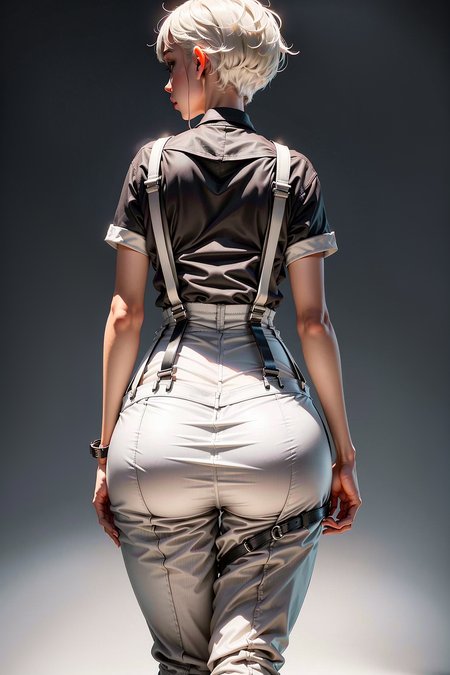 best quality, (photorealistic:1.4), 1girl, (black shirt:1.2), (grey long pants:1.2),(white suspenders:1.4), perfect female figure, full body, from back, white background, short hair, slim