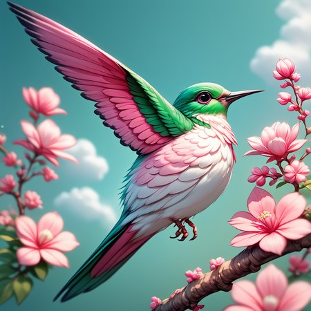 core_9, score_8_up, score_7_up, score_6_up,  <lora:Ars_Niji_Style_Pony:1> ArsNijiStyle, Hummingbird, The image is a digital illustration of a hummingbird perched on a branch of pink flowers. The hummingbird is in mid-flight with its wings spread wide and its body slightly tilted to the side. The wings are a vibrant green color with a hint of pink and its beak is a bright red. The branch is covered in pink and white flowers with green leaves and stems. The background is a light blue sky with white clouds. The overall mood of the image is peaceful and serene., no humans, bird, animal focus, flower, branch, blurry, pink flower, depth of field, animal, flying
