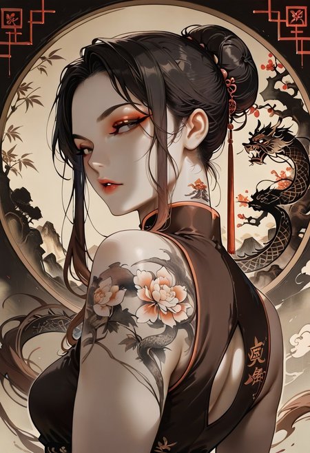 masterpiece, best quality, 32k, high resolution, absurdres, Chinoiserie, Mei, MeiRH,  1woman, mature woman, chinese woman, Very long black hair, brown gradient hair, high hair bun, brown eyes, asian eyes, pale skin, medium breasts,  full right arm tattoo, big back tattoo,  portrait, face closeup, front view, sleeveless Chinese dress, color splashes background, aesthetic, detailed eyes,  upper body, looking at the viewer, parted lips, red lipgloss, eyeliner, makeup, back view, from behind shot