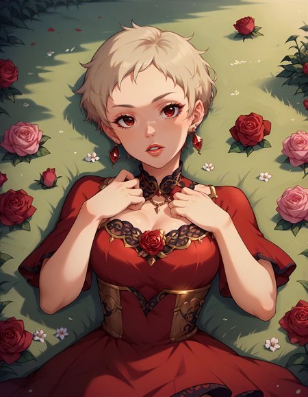 score_9,score_8_up,score_7_up,1girl,solo,lying,parted lips,front view,luxury,rose,flower field,
<lora:senzakiema_ponyXLV6:0.8>,cgsem,blonde hair,very short hair,red eyes,earrings,red dress