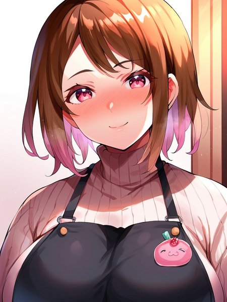 score_9, score_8_up, score_7_up,  
1girl,  nonoka rr, huge breasts, medium hair, brown hair, pink eyes,

standing, smile, nose blush, looking at viewer, sweater, long sleeves, turtleneck, punk apron, upper body, 