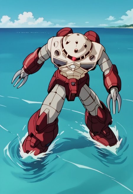 score_8, score_8_up, score_7_up, AWGXS, anime screenshot, retro artstyle,1990s (style), cel animation BREAK 1mech, 1other, mech focus, solo, hygogg, grey_zgok_armor, red monoeye, outdoors, ocean, beach