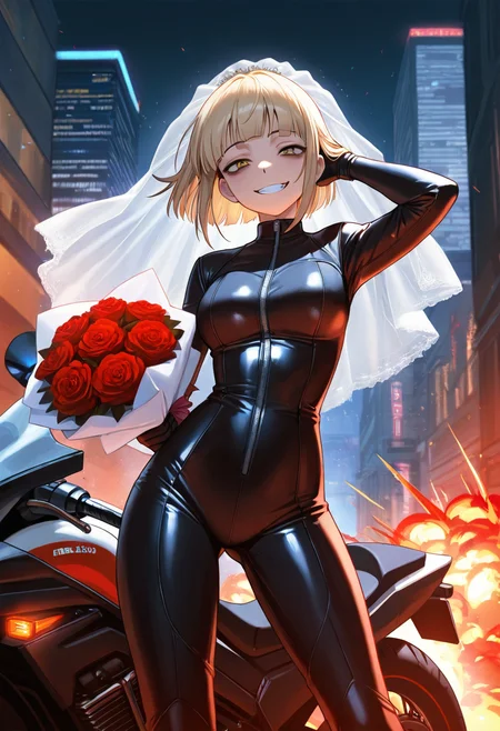 himiko toga,  masterpiece, best quality, ultra detailed, finely detailed,, solo, 1girl, adult, bikesuit, holding bouquet, hand behind head, legs apart, stern, grin, wedding veil, futuristic motorbike, street, particles, night, flames, explosion, city, cowboy shot,