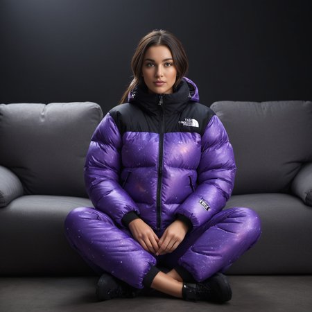 (full body shot) cute british woman wearing Space-inspired designs (galaxies, stars)  tnf_nuptse jacket and thick puffy double layered tnf_nuptse puffer salopettes, hyperdetailed photography,4k textures,intricate details,4k resolution   <lora:pufferdown_tnf_nuptse:0.5>, sitting on a couch, in a dark room, cinematic still