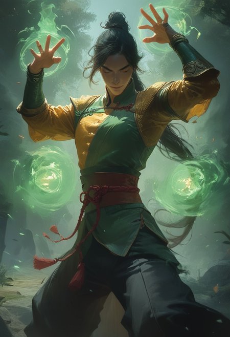 score_9, score_8_up, score_7_up, BREAK source_anime, source_cartoon, 1boy, happy, wide smile, ((expressive)), (((((chinese fighting pose)))), thin chin, solo, detailed face, detailed eyes, (Green eyes), white skin, black hair tied up, man with hair tied up, ((long hair)) (ponytail), ((glowing enery)), very muscular man, muscular chest, broad shoulders, Chinese combat attire, green Chinese clothing, golden sleeves, (((golden scale pattern))), loose black pants, red rope belt 
BREAK
(((green fire in hands))), (flaming gauntlets in hands), green flaming eyes),
outside, grass, trees, flying leafs, Spell ring, large spell ring over head,