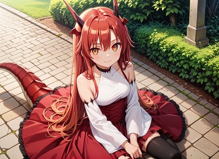 score_9,score_8_up,score_7_up,source_anime BREAK prefect lighting,very aesthetic,prefect hands,best quality BREAK
intricate details,highly detailed background,(masterpiece:0.9),high quality,lustrous_skin,skindentation,
ultra delicate hair,
<lora:cfg_scale_boost:0.6>,
face_detail,
skin_detail,
<lora:tania_izo:0.8>,taniav2,red hair,long hair,horns,dragon horns,orange eyes,hair between eyes,dragon girl,head wings,dragon tail,
bare shoulders,long sleeves,detached sleeves,white sleeves,collarbone,white shirt,red skirt,dress,wide sleeves,choker,black thighhighs,
masterpiece,best quality,score_9,score_8_up,score_7_up,ultra-detailed,Best-A,Medium-B,Low-C,Bad-D,
cute,light_blush,in a meadow,park,grove,smile,dynamic_angle,from_above,1girl,solo,sitting,looking at viewer,