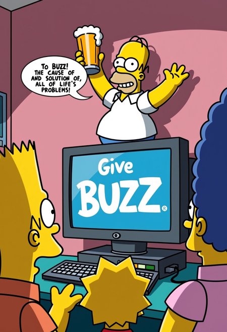Homer Simpson standing on a big computer monitor displaying the word "Give BUZZ", raising a big pint glass of beer, speech bubble above his head with the text 
"To BUZZ! 
The Cause Of, 
And Solution To, 
All Of Life's Problems!", while other characters look at him