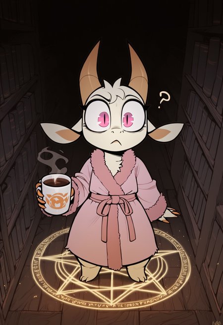 zPDXL3, score_9, score_8_up, score_7_up, Expressiveh, volumetric lighting, dynamic pose, dynamic angle, detailed background, library, fantasy, backlighting, looking at viewer, full body picture, (solo girl), Fwench Fwy, Dragon, Pale body, light orange horns, light orange claws, big tail, pink eyes, wide eyes, light orange belly, short stack, small snout, anthro, solo, slit pupils, (((pink bathrobe, holding cup of coffee))), shortstack, cute, (summon, magic circle, glowing magic circle), emerging from summoning circle, swirling magic,,confused facial expression, confused, glowing, ??,?,???, highly detailed,

