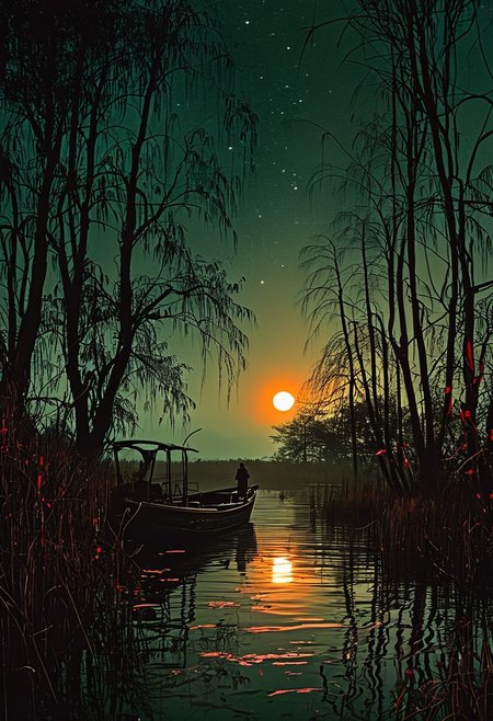 linquivera,  Ink illustration, (anime:0.5), brown tones, aged black red paper, inkpunk, moonlight,surreal, a ghost standing on a boat in swampy wetlands, (at a distance), Will-o'-the-wisp, moonlit, lonely, solitude, windy, tall trees, willows, willowy,  OverallDetail, extremely detailed, UHD,(long exposure , dystopian but extremely beautiful:1.4),
