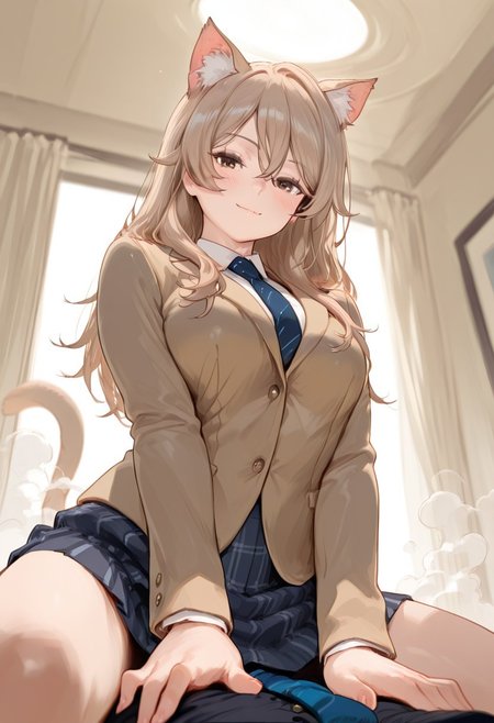 masterpiece, high quality, absurdres, depth of field, vivid colors, sharp focus, cinematic lighting, smooth shading, intricate details, very aesthetic, 8K, HDR, 
1girl, solo, long hair, light brown hair, brown eyes, blush, hair between eyes, cat ears, cat tail, looking at viewer, steam, from below, , smile,  indoors, closed mouth, skirt, blazer, tie, medium breasts
detailed skin, detailed eyes, perfect face, professional photography, perfectly composed, no defects, perfect hands, perfect anatomy, no extra fingers, no disfigured face, no asymmetrical eyes, no unnatural body proportions, straddling