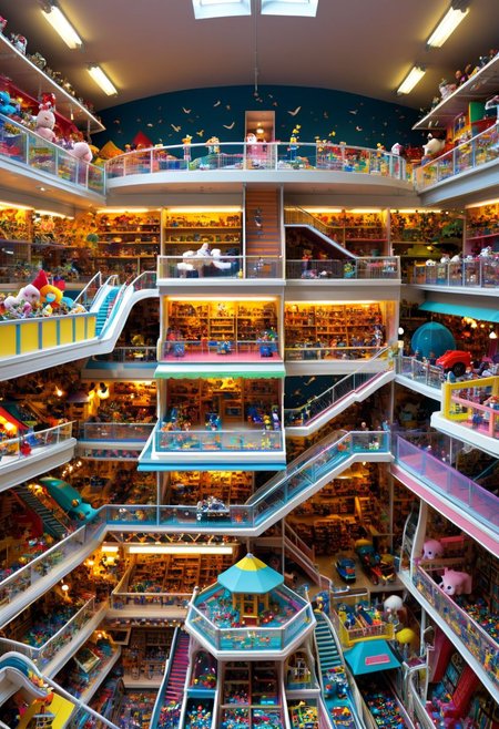 huge toy store. Its shelves and racks are strewn from top to bottom with all kinds of toys. On the lower shelves there are rubber balls, multi-colored pyramids and construction sets. The middle shelves contain soft toys   animals and birds. Top shelves - chic dolls in silk dresses and radio-controlled cars