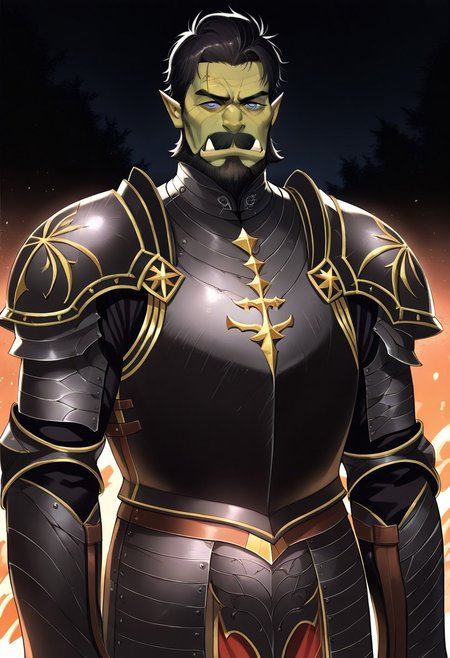 score_9, score_8_up, score_7_up, rating_safe, 1boy, solo, male focus, mature male, orc, green skin, tusks, blue eyes, short hair, black hair, facial hair, beard, mustache, looking at viewer, armor, shoulder armor, breastplate, pauldrons, upper body, closed mouth, standing, outdoors, night, night sky, dark background
