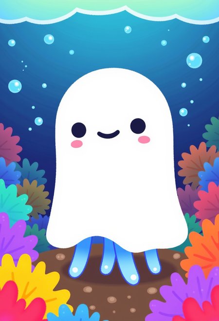 pikaole of a squid wearing a simple ghost costume made of a white sheet with cute simple eyes and smile drawn on top, in the ocean, colorful coral reef in the background, blue ocean above underwater