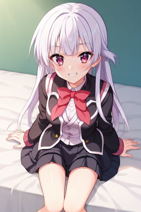 score_9, score_8_up, score_7_up, source_anime, rating_safe, intricate details, anime screencap, official style, 1girl, solo, <lora:Tamaki_Sakura:1>, tamakisakura, white hair, long hair, pink eyes, school uniform, black sleeves, black vest, black skirt, thighs, looking at viewer, smile, simple background, cowboy shot, sitting on bed, teeth, blush, from above
