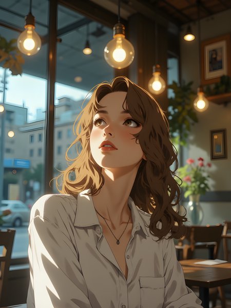 The scene is bathed in a soft, golden glow that filters through the warm ambiance of what appears to be a cozy cafÃ© or indoor space. The lighting is gentle yet inviting, with hanging filament bulbs casting a warm, diffused light that highlights the subject while leaving the background slightly blurred and dreamlike.
A young woman stands at the center of the frame, her presence both serene and engaging. Her long, wavy hair cascades loosely around her shoulders, catching the light in its natural waves. The sunlight streaming through the windows behind her adds a subtle shimmer to her hair, giving it a luminous quality that enhances her delicate features. Her expression is calm and thoughtful, as though she is lost in quiet contemplation or simply enjoying the moment.
She is dressed in a crisp white button-down shirt, which falls loosely over her frame, adding an air of casual elegance. The fabric of the shirt catches the light, creating soft shadows that accentuate its texture and the graceful lines of her posture. A small, delicate necklace adorns her neck, its simple design complementing her understated style without drawing attention away from her natural beauty.
The background is softly out of focus, suggesting a relaxed, intimate setting. Warm-toned wooden furniture and additional hanging lights create a sense of depth and warmth, while hints of greenery and artwork on the walls add layers of color and character to the environment. The overall atmosphere feels inviting and tranquil, as though this is a place where time slows down, allowing for moments of quiet reflection or connection.
The interplay between the natural light coming through the windows and the artificial warmth of the bulbs creates a harmonious balance, emphasizing the peaceful mood of the scene. The womanâs gaze is directed slightly off-camera, as if she is observing something just beyond the viewerâs perspective, adding an element of mystery and intrigue to the image.
This moment captures a blend of simplicity and sophistication, where the subjectâs quiet confidence and the warm, inviting surroundings come together to create a scene that feels both personal and universal. It is a snapshot of stillness amidst the everyday, a reminder of the beauty found in the smallest, most ordinary moments.
j_art, anime, anime art, <lora:FLUX\jul\J_Anime:0.7>, <lora:FLUX\RealAnime:0.7>