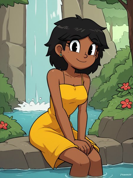 score_9, score_8_up, score_7_up,  score_6_up, BREAK, 0al3r1e, 0al3r1e, 1girl, solo, smile, black hair, black eyes, medium breasts, dark-skinned female, dark skin, earrings, mole under eye, yellow dress, in the forest, sitting, leaning forward, flower, outdoors, day, water, tree, looking at viewer, waterfall, moss <lora:Valerie:1>