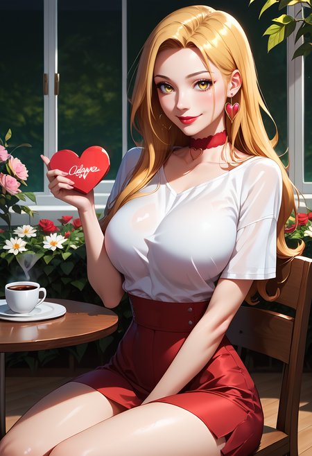 score_9, score_8_up, score_7_up,
sexy 18 year old pale human woman,  detailed face, beautiful , make up, lipstick, earrings, choker,  top model  model,  aperture, captivating, long leg, captivating beauty, seductive,  sexy pose, look at the viewer, (sitting:1.2),  
minsoda, 1girl, solo, yellow eyes, blonde hair, long hair, forehead, liked, smile, 
shirts, skirts, white sport shoes, cafe, table, coffee, (heart shaped box:1.4), (valentines day:1.2), hearts, flowers,    chair, windows, sakura trees outside,  bright colors, high contrast,  vivid lighting



