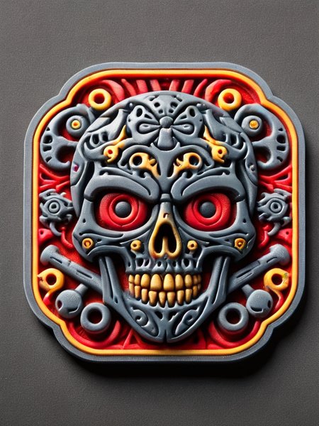 a metalic skull with red eyes and screws and bolts, hells angels style <lora:ral-rubberpatch:1> ral-rubberpatch
