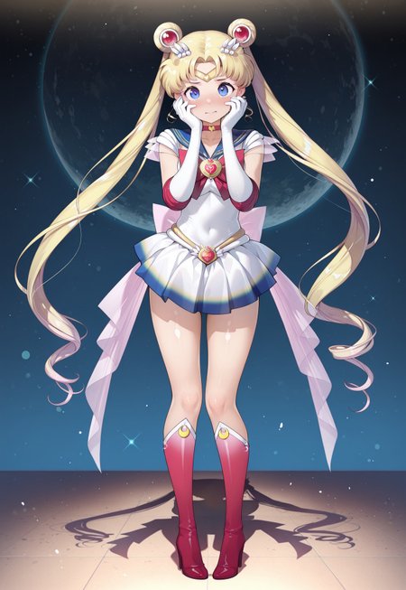 masterpiece,extremely detailed,best quality,amazing quality,newest,absurdres,highres, super detailed skin,1 girl ,(super_sailor_moon:1.1), twintails, circlet, earrings, choker, white back bow ,gloves, multicolored skirt, miniskirt, ,shiny skin,  a-pose, ,holding her face in both hands,,pigeon toed, 