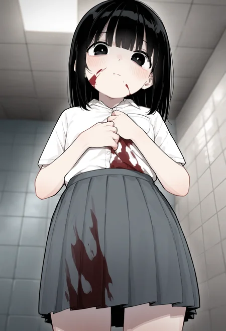 masterpiece,best quality,amazing quality,
1girl, from below, solo, looking down, blood on clothes, skirt, black hair, blood, pleated skirt, shirt, blood on face, short sleeves, white shirt, closed mouth, tiles, looking at viewer, bangs, grey skirt, black eyes, school uniform, blush, indoors, ceiling, tile wall, holding,
 <lora:Healthyman_epoch_10:1>