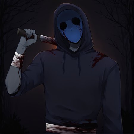 <lora:Eyeless_Jack:1> jack, hood, solo, blue mask, 1boy, male focus, grey skin, masterpiece, high quality, close view, surgical mask, blood on clothes, <lora:DarkerThanBlackIllustrious:1> masterpiece \(quality\), dark, dim lighting, dark forest background, holding machete, bandages,
