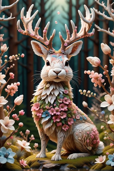 cute jackalope with whimsical nature made of DonMS4kur4XL, intricate details, whimsical, magical, best quality, masterpiece<lora:DonMS4kur4XL-000006:0.8>