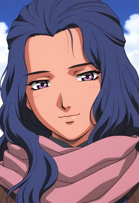 masterpiece, best quality, source_anime,official art,perfect_anatomy,2000s_\(style\),retro_artstyle,1girl,solo,Shoukei,purple_eyes,,blue_hair,long_hair,wavy_hair,scarf,winter_clothes,looking_at_viewer,anguish smile,portrait,day,blue_sky,cloud