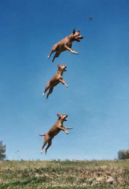 F-B-C, foreground: one dog, background: one human jump diving, effect: human dives into the open mouth of the dog