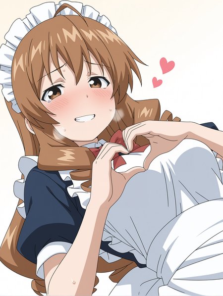 masterpiece,best quality,newest,
1girl,solo,
<lora:tokita_ayumi_ilxl_v1.1:1>,ayumi,a_m_clothes,maid headdress,apron,blue maid outfit,embarrass,<lora:Fixhands_anime_bdsqlsz_V1:1>,dynamic_angle,cinematic_angle,simple_background,white_background,face_focus,grin,light_blush,looking_at_viewer,heart hands,upper_body,shy,blush,sweat,heavy_breathing,spasm,tearing_up,